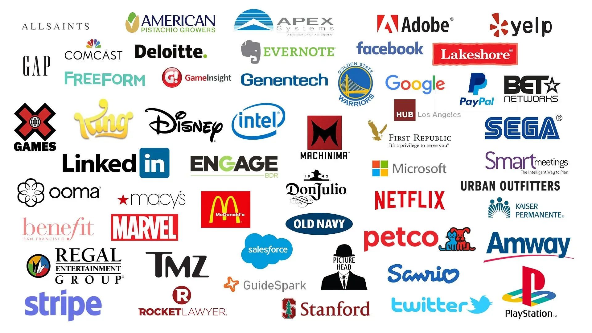 Client logos including Disney, Google, Netflix, Marvel, Microsoft, LinkedIn, Adobe, Sony PlayStation, Intel, Salesforce, Stripe, Stanford, McDonald's, Macy's, Gap, Comcast, Deloitte, and many more